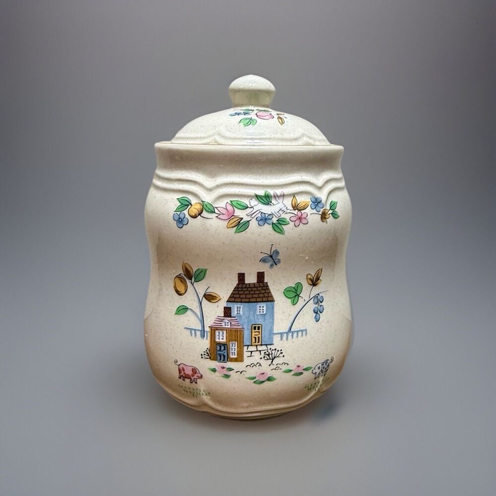 International HEARTLAND Stoneware Medium Canister  w/ Lid Cottage Granny  Read